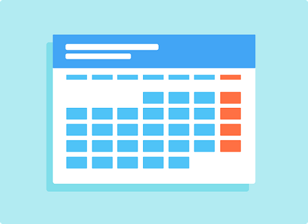 An icon of a calendar with blue and red squares on a blue background.